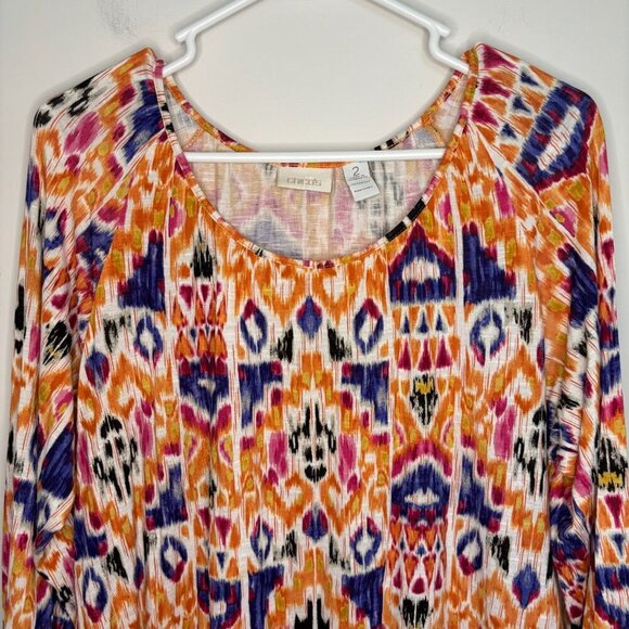 CHICO'S Aztec Design Top Womens L Colorful Bottom Waist Band 3/4 Sleeve - Picture 2 of 7
